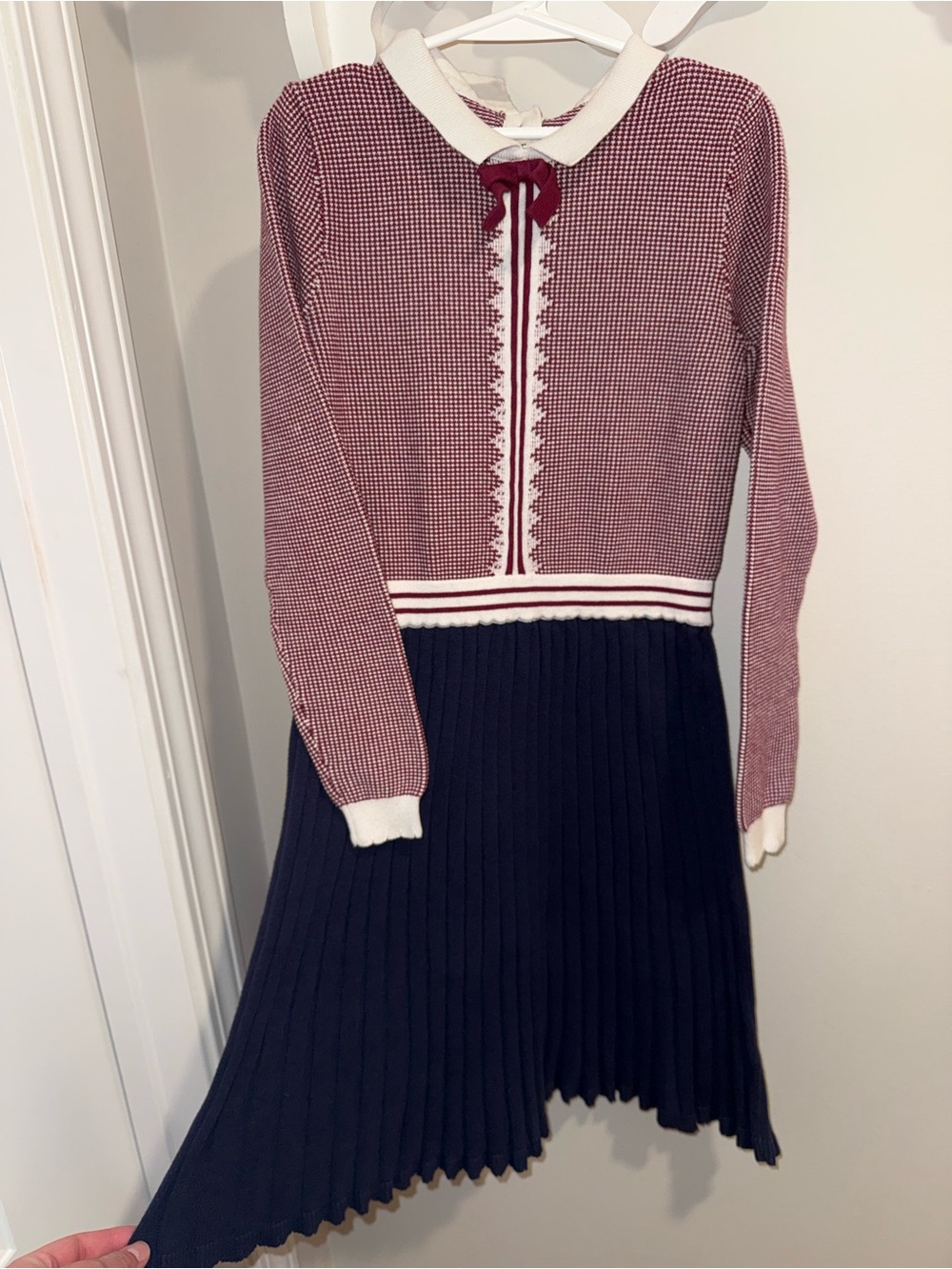 Girls Two-Tone Crewneck Knit Dress in Burgundy and Navy